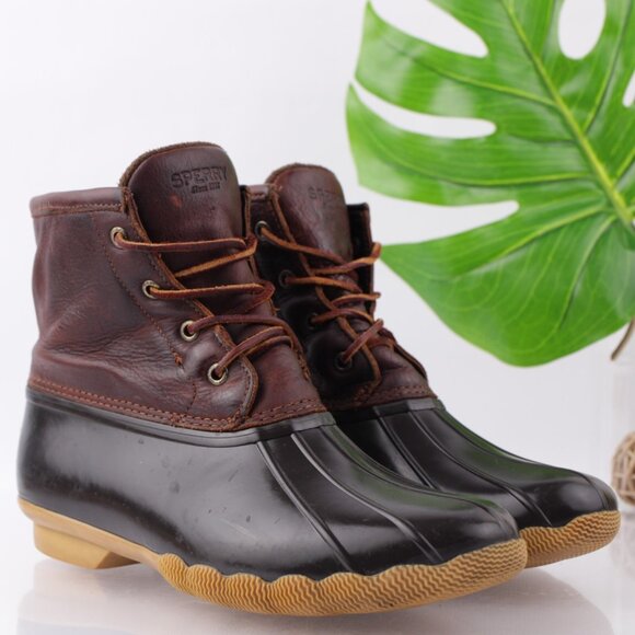 Sperry Womens Saltwater Duck Boot Size 9 Waterproof Black Brown Leather Rubber - Picture 12 of 12